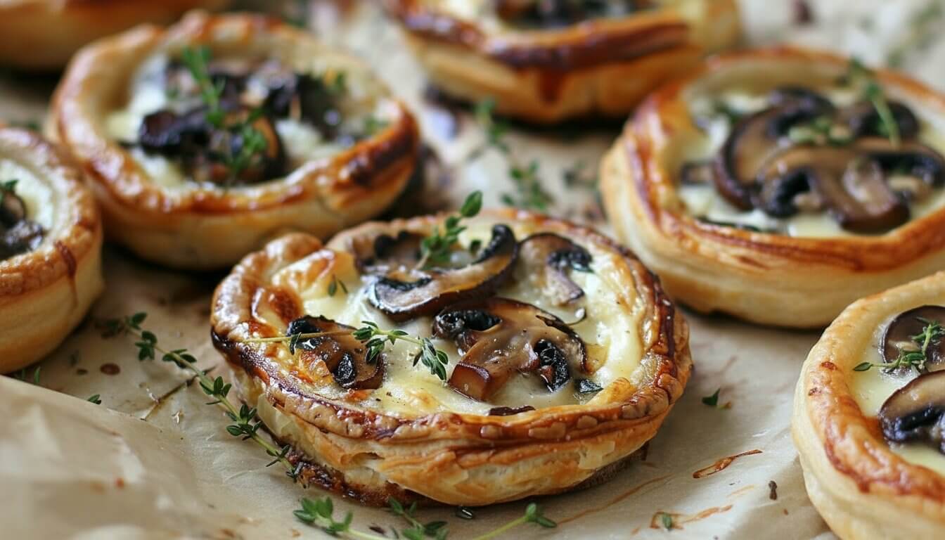 Close-up of a Mushroom Shallot and Herbed Goat Cheese Tartlet on a wooden board.