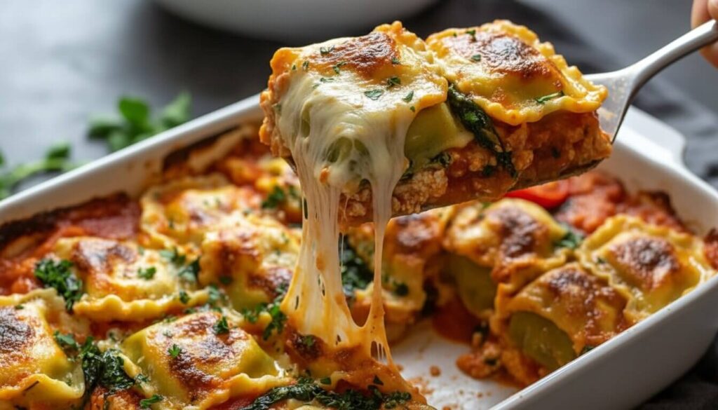 A serving of cheesy ravioli casserole being lifted with a spatula showing melted mozzarella.