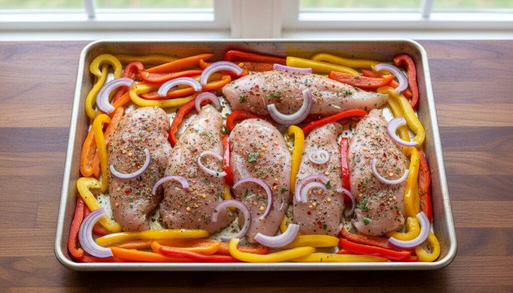 Raw ingredients for baked chicken and peppers with bell peppers and onions on a baking sheet.