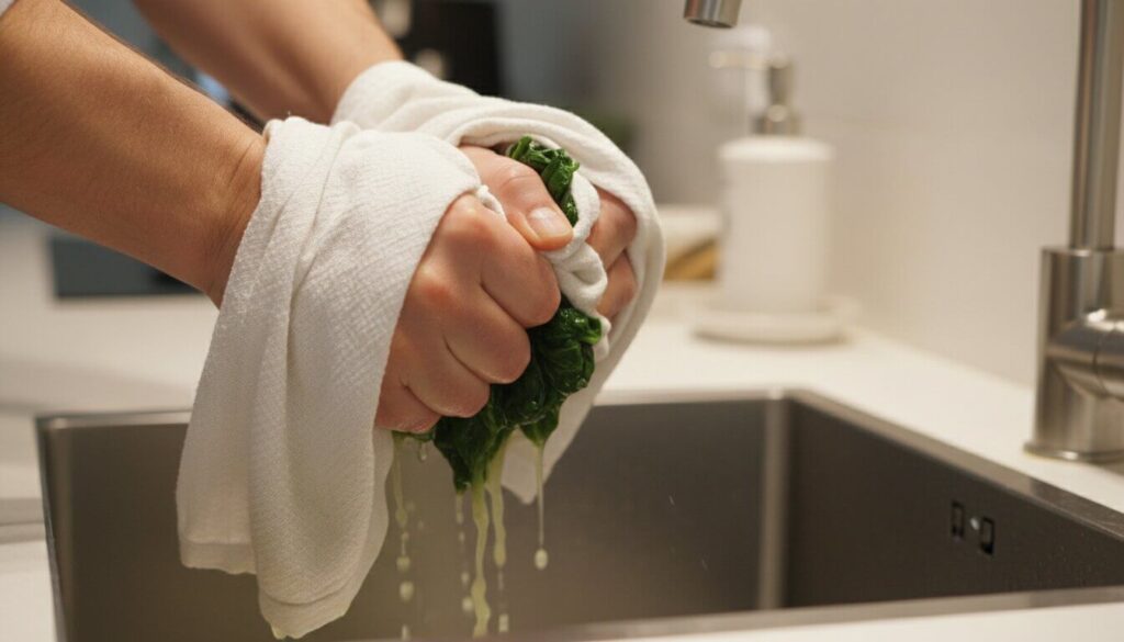 Squeezing water out of cooked spinach for a pastry filling.