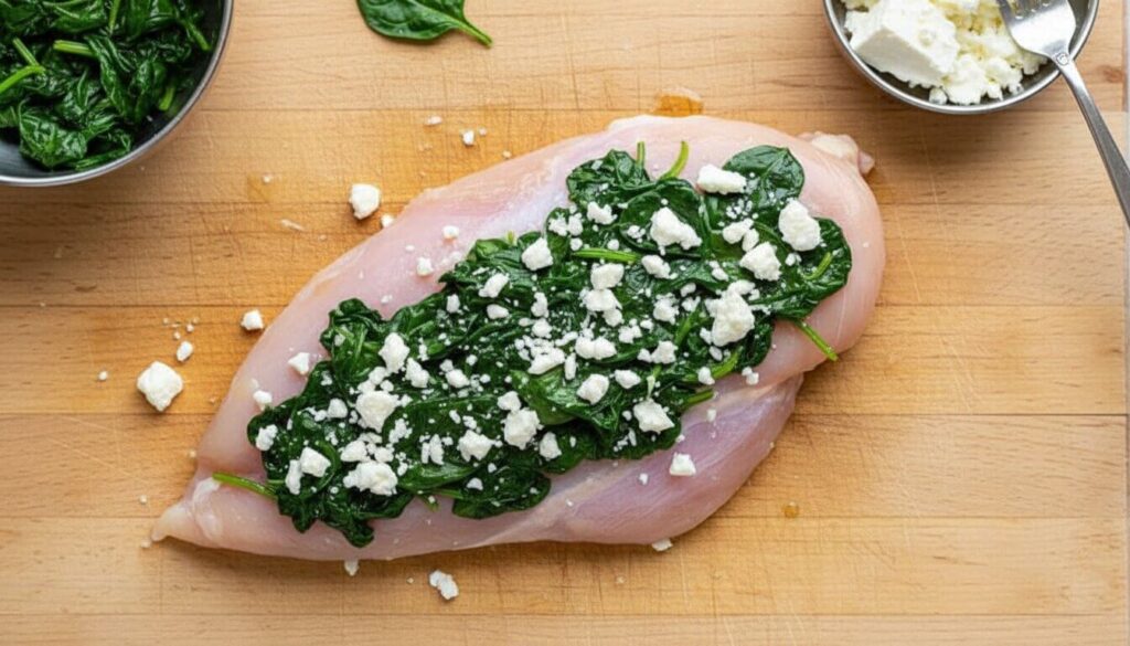 Process of stuffing chicken with spinach and feta cheese.