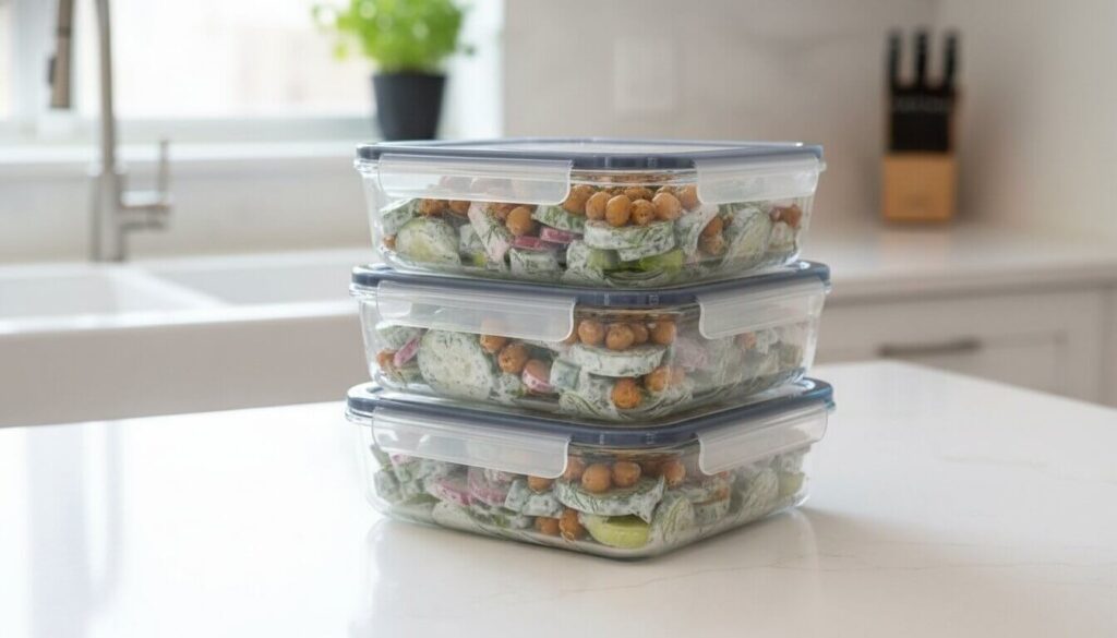 Chickpea salad meal prep in glass containers.