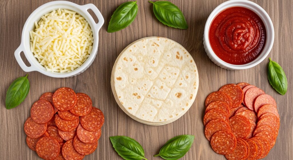 Ingredients for pepperoni pizza quesadilla including tortillas, cheese, sauce, and pepperoni.