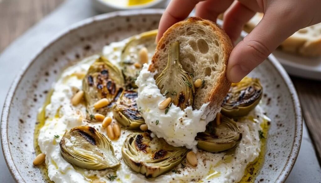 Dipping crusty bread into grilled artichoke and whipped feta dip.
