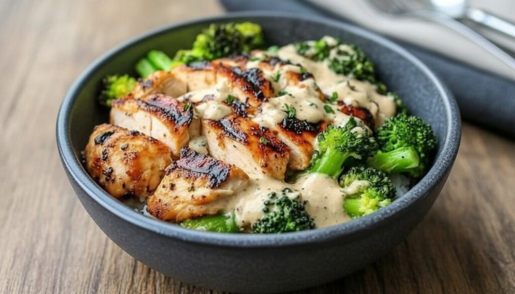 Overhead view of a healthy Grilled Chicken and Broccoli Bowl with Mediterranean toppings.