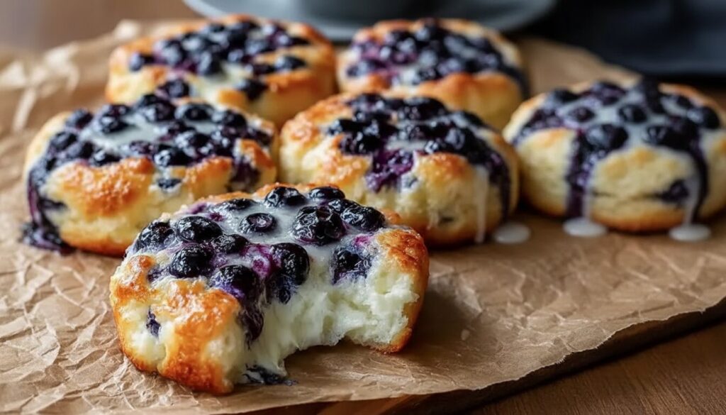 Stack of fluffy cottage cheese blueberry cloud bread on a wooden serving board.