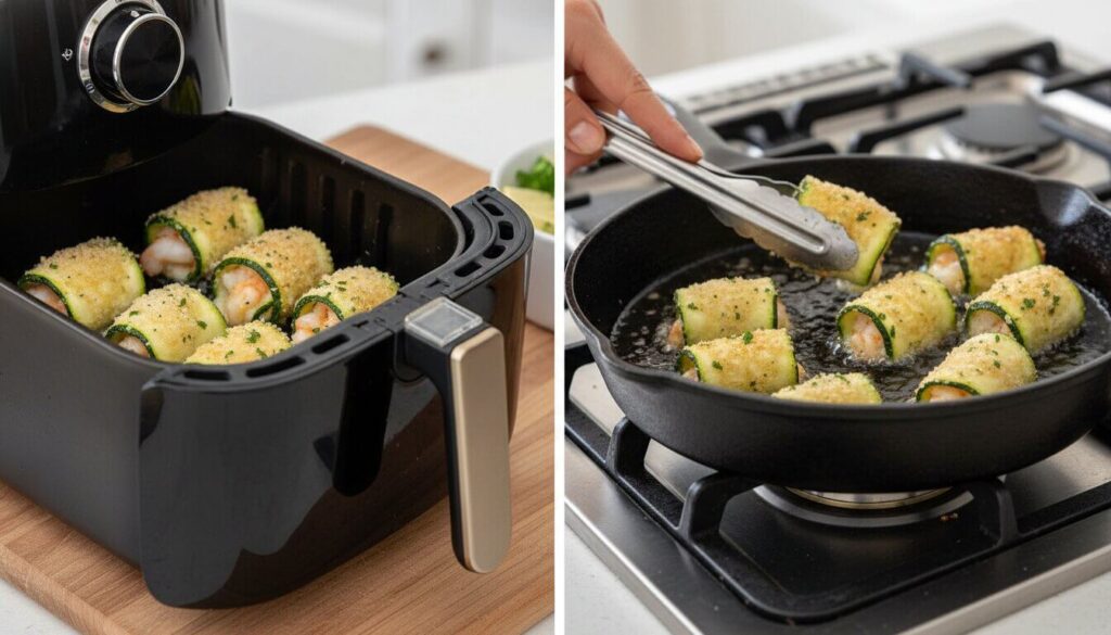 Cooking zucchini wrapped shrimp bites in a pan with olive oil.