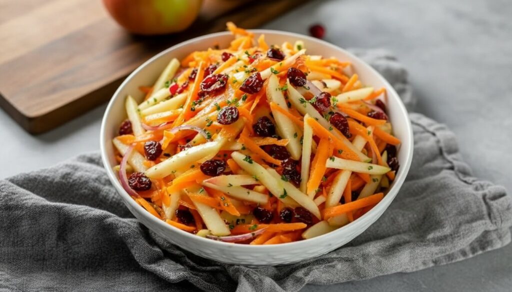 A bowl of healthy apple cranberry carrot salad with lemon dressing on a wooden table.