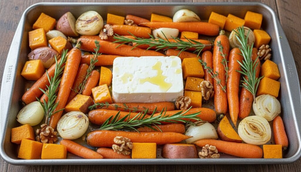 Feta cheese and vegetables on a baking sheet before roasting.