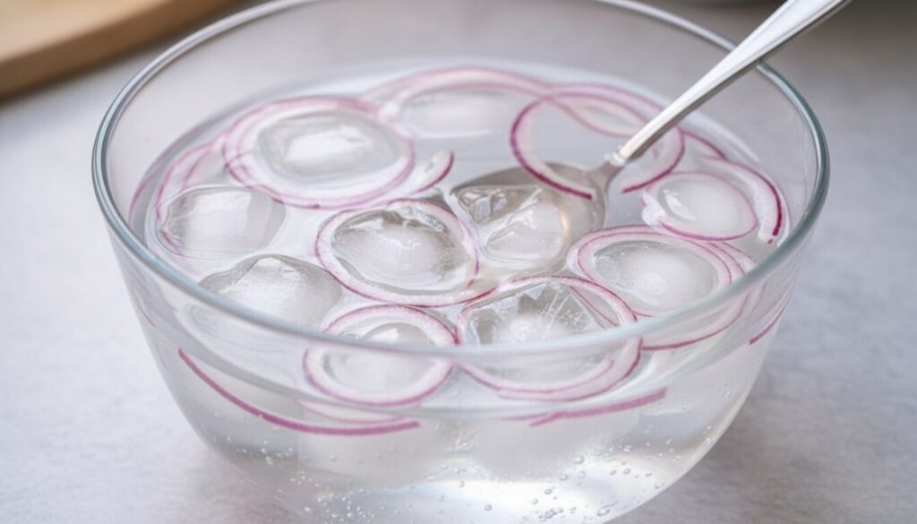 Sliced red onions soaking in water for a simple tomato onion salad.