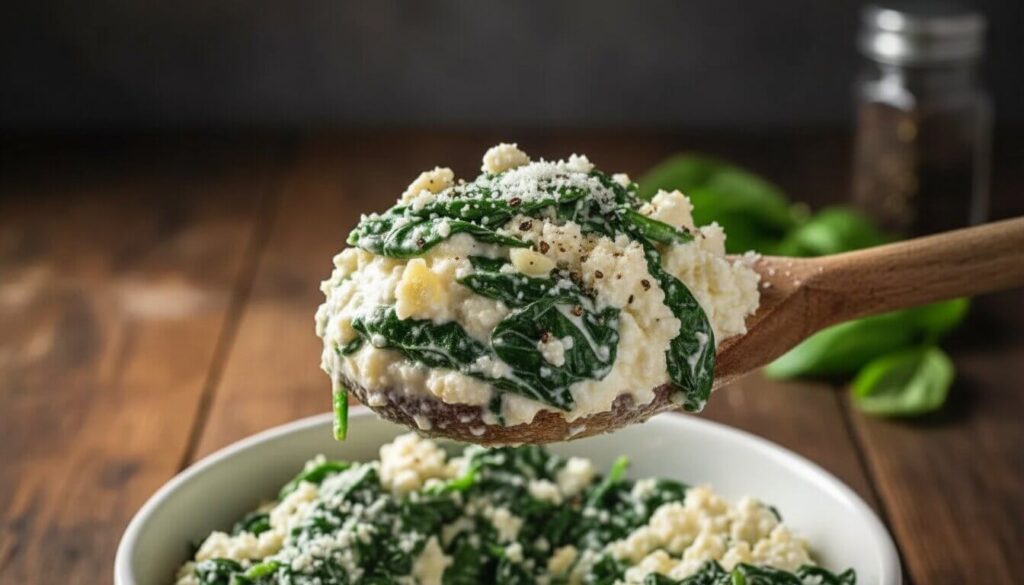 Close-up of ricotta and spinach filling for stuffed pasta shells.