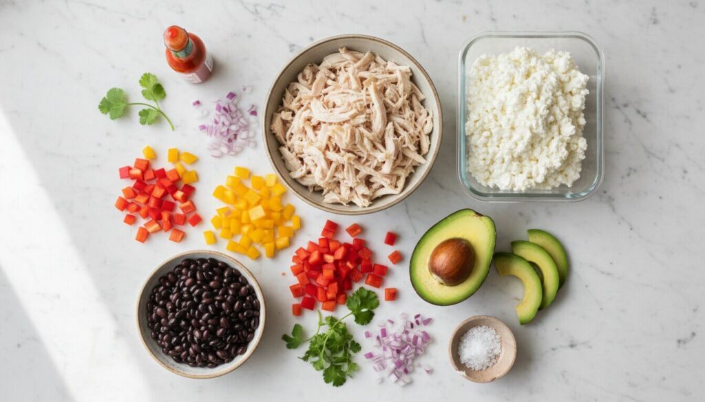 Raw ingredients for a Mediterranean High-Protein Chicken Bowl.