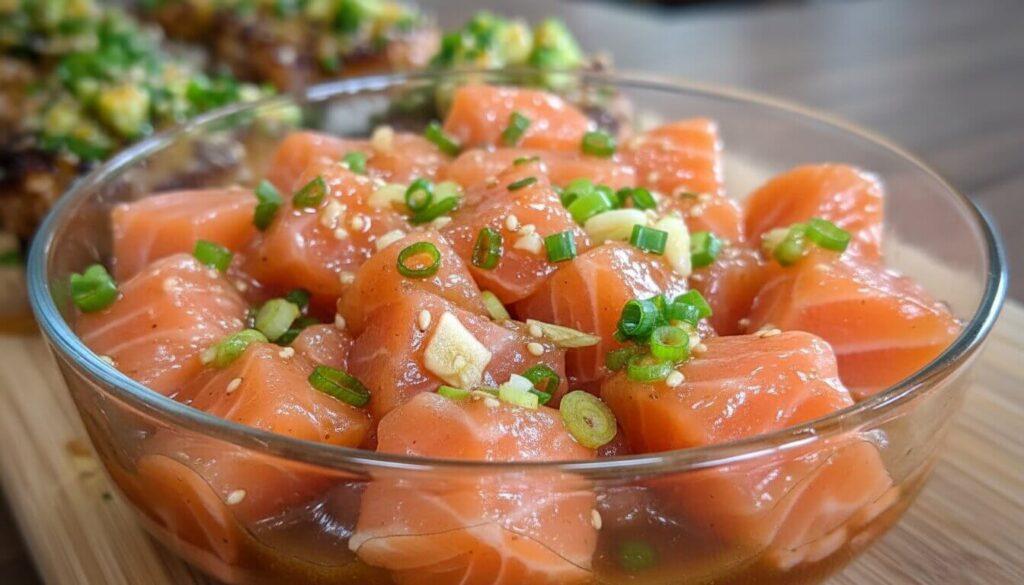 Marinated salmon cubes for sushi cups with honey and soy sauce.