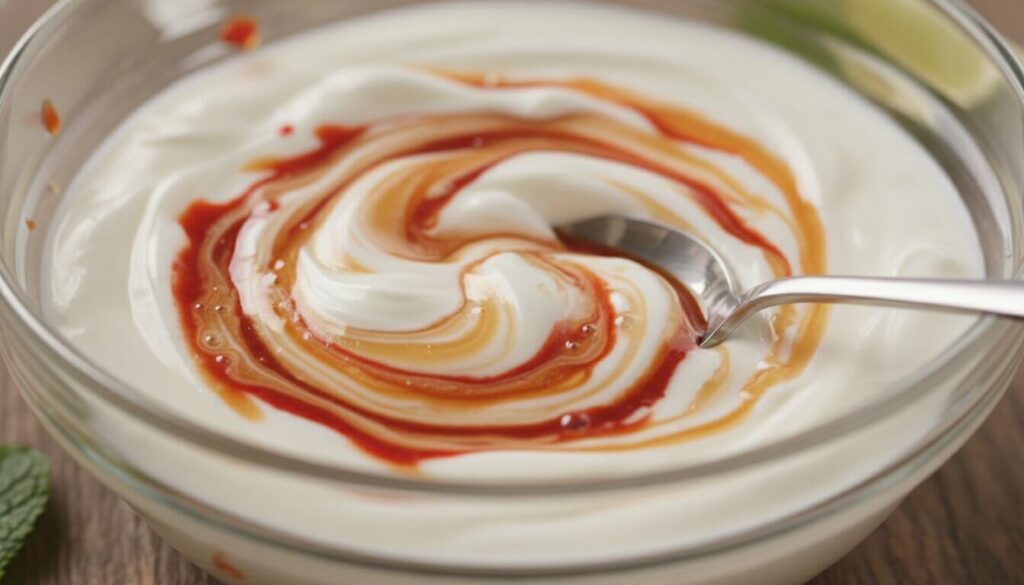 Making a spicy Mediterranean yogurt dipping sauce with sriracha and honey.