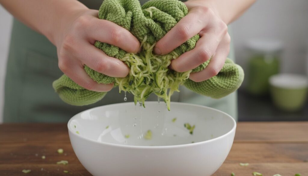 Squeezing water out of grated zucchini with a kitchen towel.