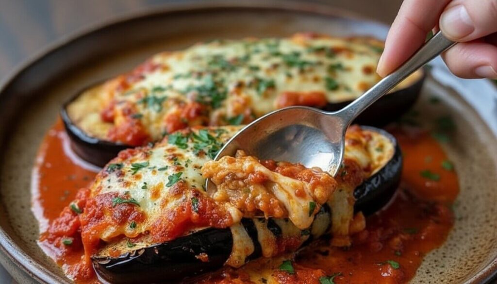 Process of hollowing out eggplant shells to create baked eggplant boats.