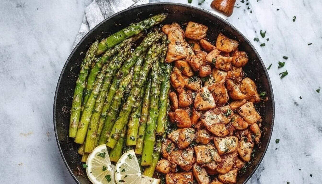 Garlic Butter Chicken Bites and Asparagus final dish