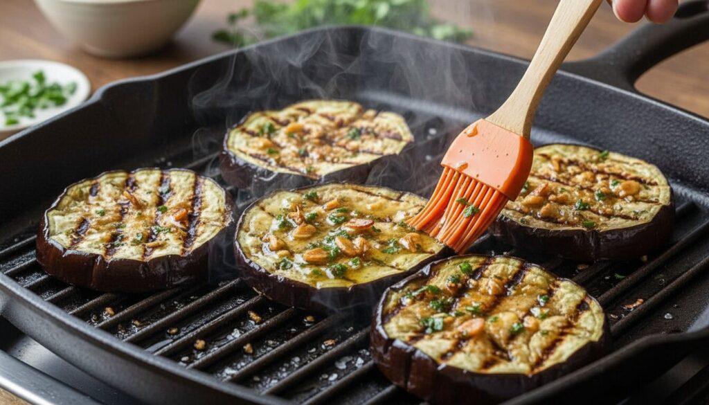 Slicing and grilling eggplant for a healthy tapas recipe.