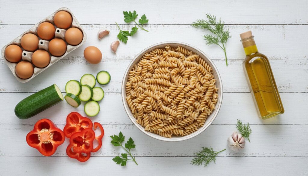Ingredients for vegetarian egg pasta recipe including pasta, eggs, and fresh vegetables.