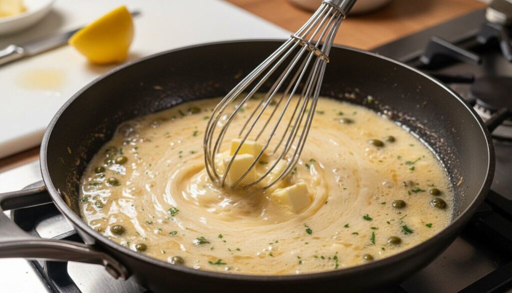 Whisking butter into lemon caper sauce