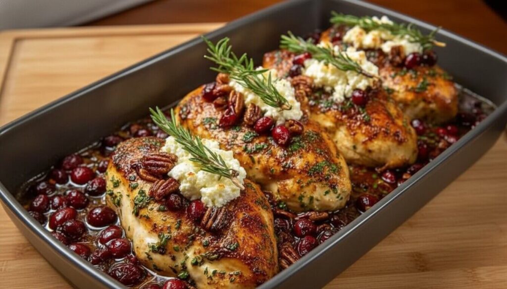 Honey Cranberry Chicken Bake with Goat Cheese in a skillet