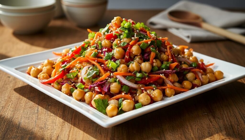Crunchy Thai chickpea salad in a white plate on a marble surface.