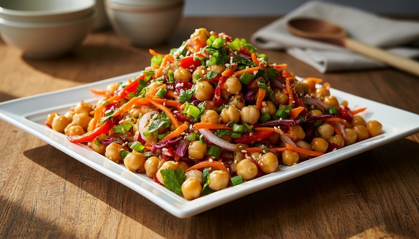 Crunchy Thai chickpea salad in a white plate on a marble surface.