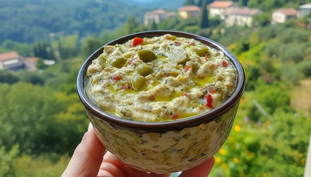Close up of creamy green olive and feta cheese dip with olive oil.