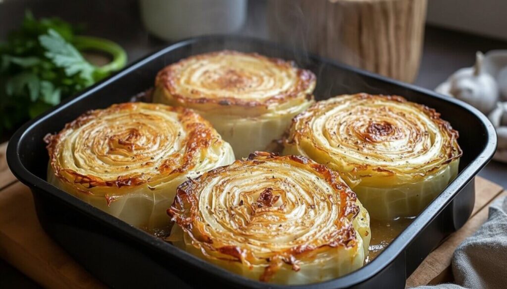 Oven-roasted cabbage steaks with crispy brown edges on a baking tray.