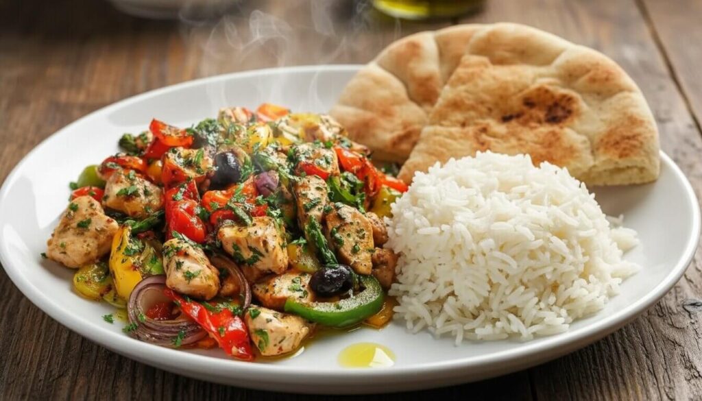 Mediterranean chicken and peppers served on a white plate with a side of rice.