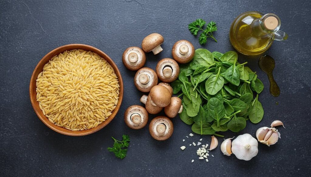 Ingredients for mediterranean orzo recipe including mushrooms, spinach, and garlic.