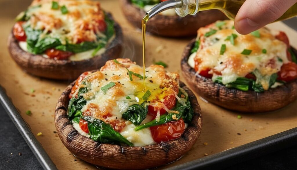 Drizzling olive oil on stuffed portobello mushrooms oven baked.