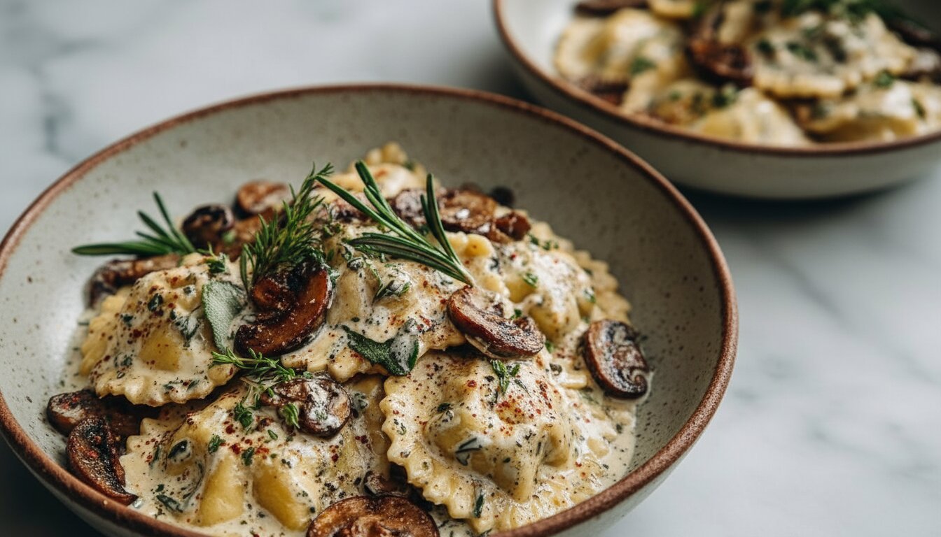 A fresh Mediterranean mushroom ravioli salad with cherry tomatoes, cucumbers, and feta cheese.