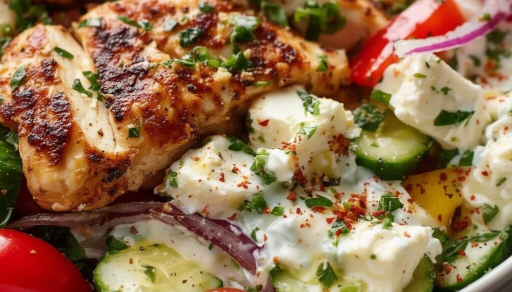 Close-up of large feta cheese cubes in a Greek salad bowl.