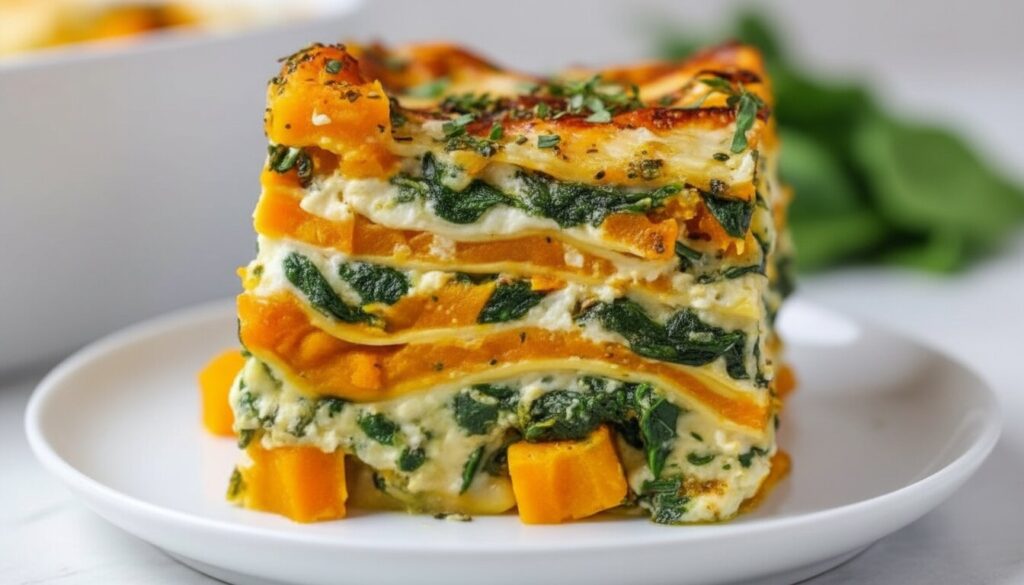 A side view of a slice of lasagna showing layers of squash, spinach, and cheese.