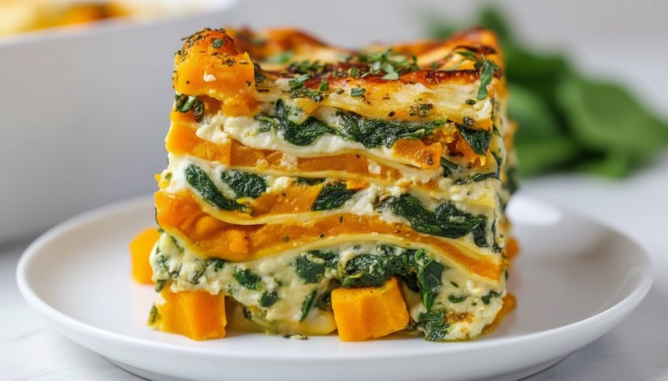 A side view of a slice of lasagna showing layers of squash, spinach, and cheese.