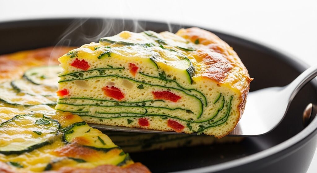 A wedge of healthy zucchini frittata being served.
