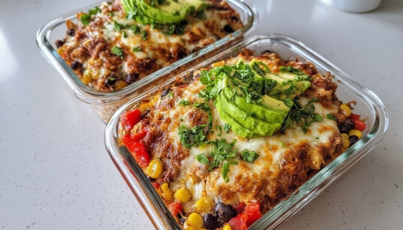 Mediterranean High-Protein Chicken Cottage Cheese Bowl topped with avocado and cilantro.