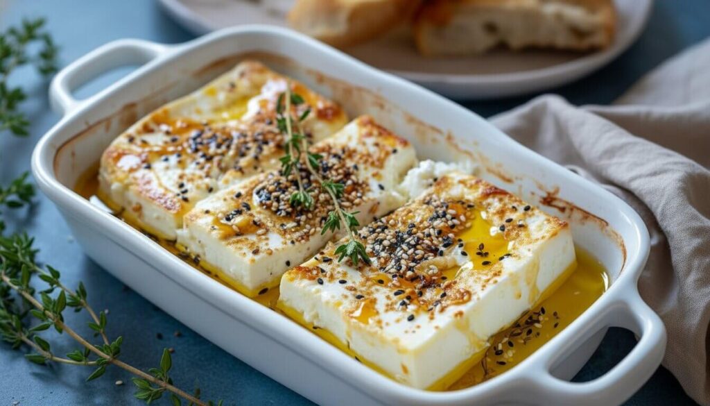 Top-down view of Albanian Baked Feta with honey, sesame seeds, and fresh thyme in a white dish.