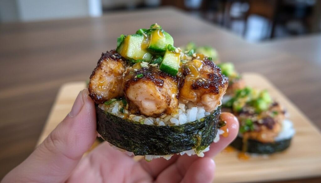 Close up of a crispy baked salmon sushi cup bite.