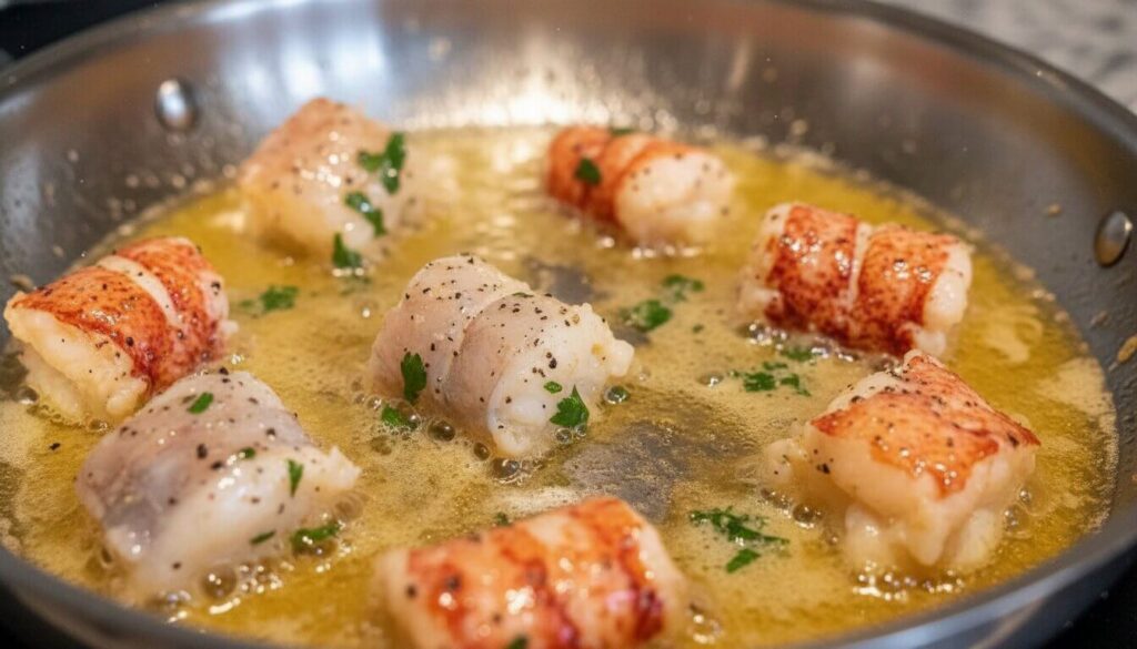 Fresh lobster tail meat cooking in a butter and olive oil skillet.