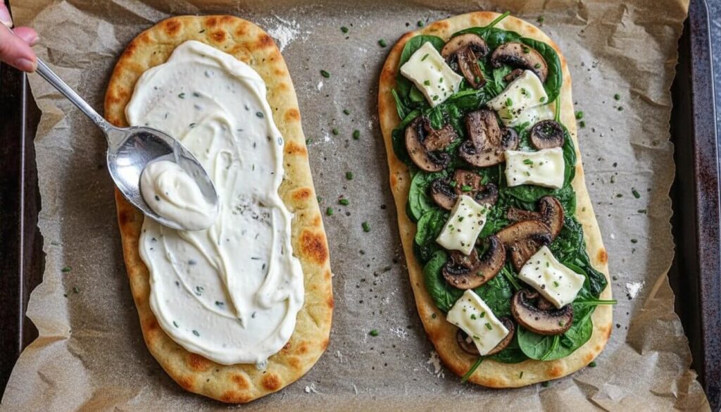 Assembling spinach, mushroom, and brie flatbread on a baking tray.