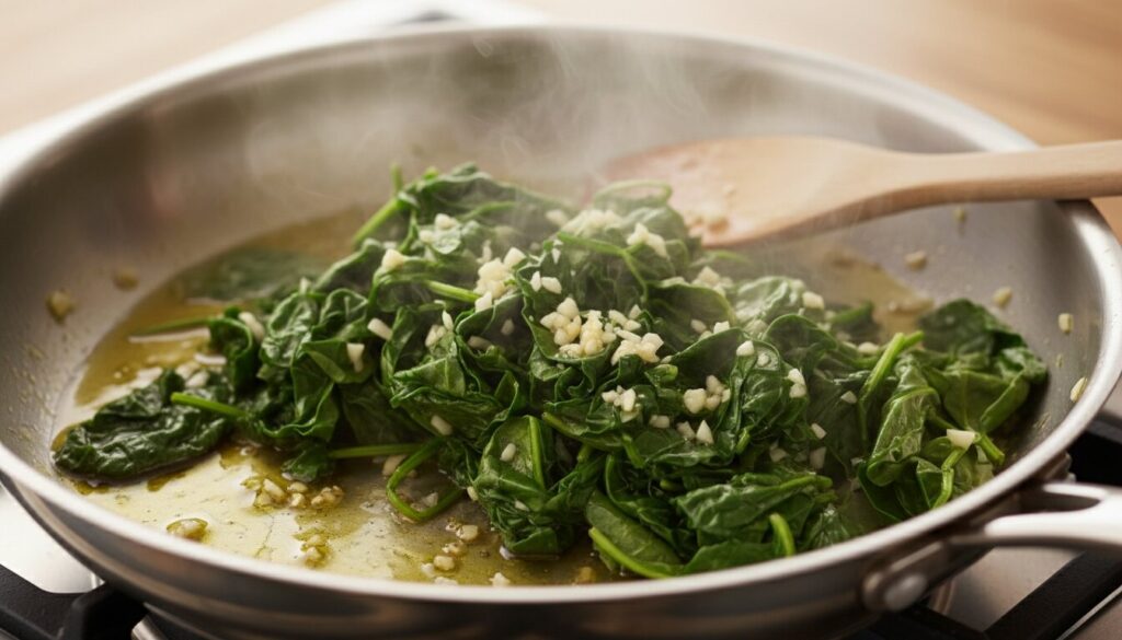 Sautéing fresh spinach and garlic in a pan.
