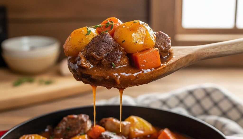 Close up of a spoon serving a hearty portion of Classic Beef Stew.