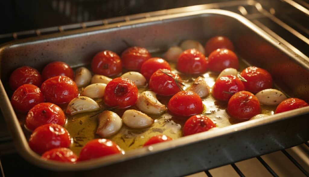 Fresh cherry tomatoes and garlic roasting in olive oil for Mediterranean dip.