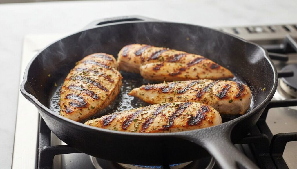 Searing marinated Greek chicken in a pan for a salad bowl.
