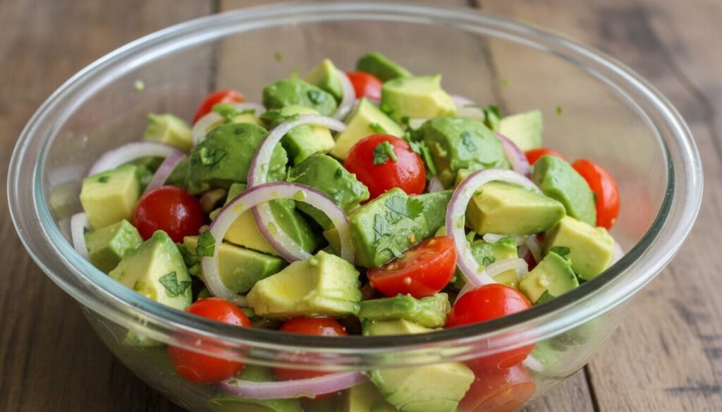 Fresh avocado tomato salad with lemon and olive oil.