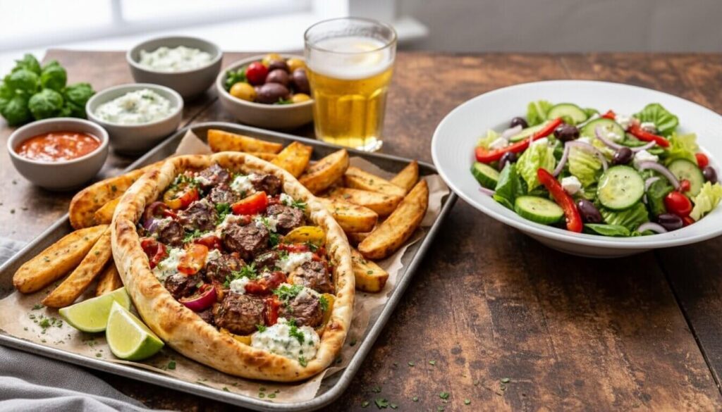 Mediterranean dinner spread featuring Turkish Pide and fresh salad.