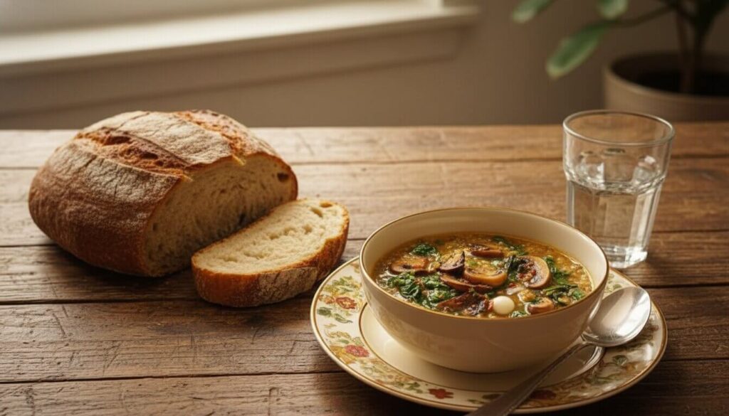 Rustic serving of warm quinoa and mushroom soup with wilted spinach and artisan bread.