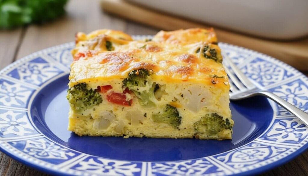 A close up slice of broccoli egg bake showing creamy texture and roasted vegetables.
